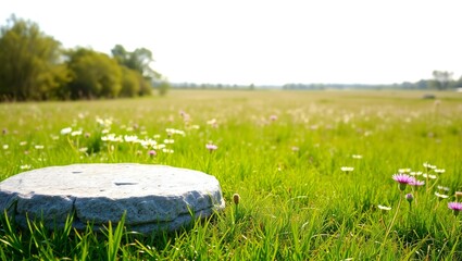 Stone marker in a sunny meadow with wildflowers and trees in the distance