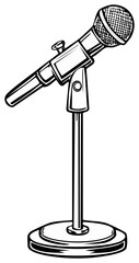 Black and white illustration of a microphone on a stand