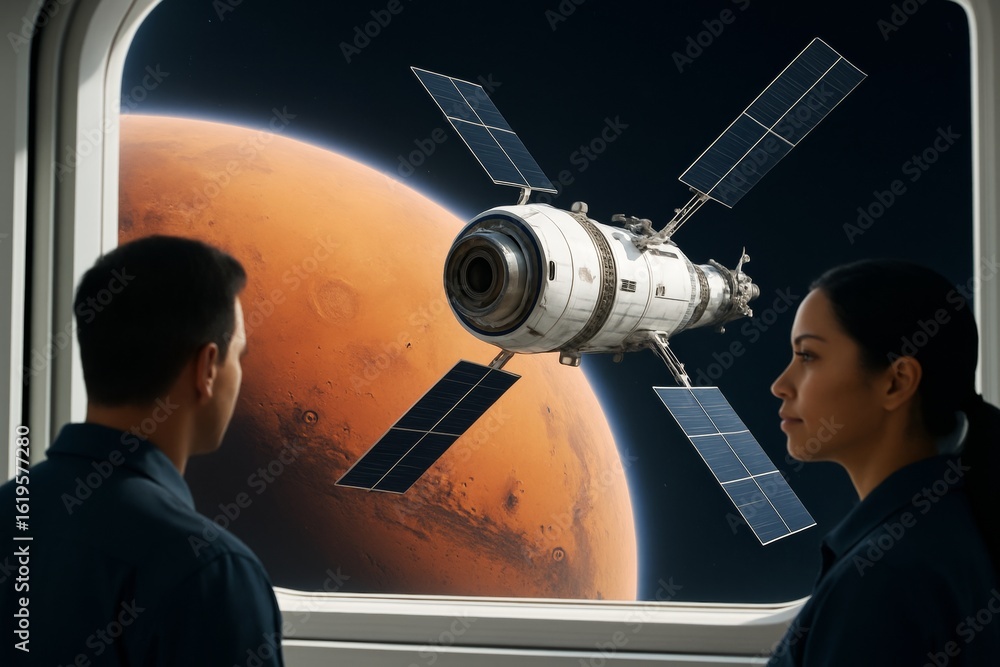 Poster astronauts observe orbiting spacecraft near mars through cabin window with planet in background and 