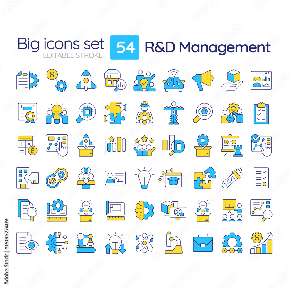 Poster research and development management line color icons set. organization development strategy. busines