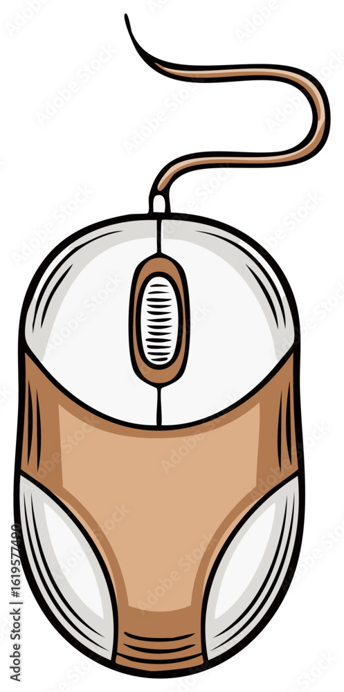 Poster retro wired computer mouse cartoon vector illustration with scroll wheel