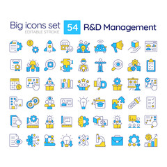 Research and development management line color icons set. Organization development strategy. Business innovation. Vector illustrations. Simple flat colorful symbols collection. Editable stroke