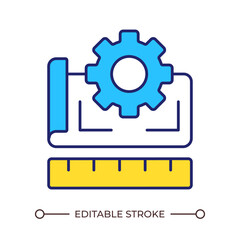 Project plan development line color icon. Cogwheel, blueprint and ruler set. Engineering and industry maintenance. Isolated vector illustration. Flat colorful symbol design. Editable stroke