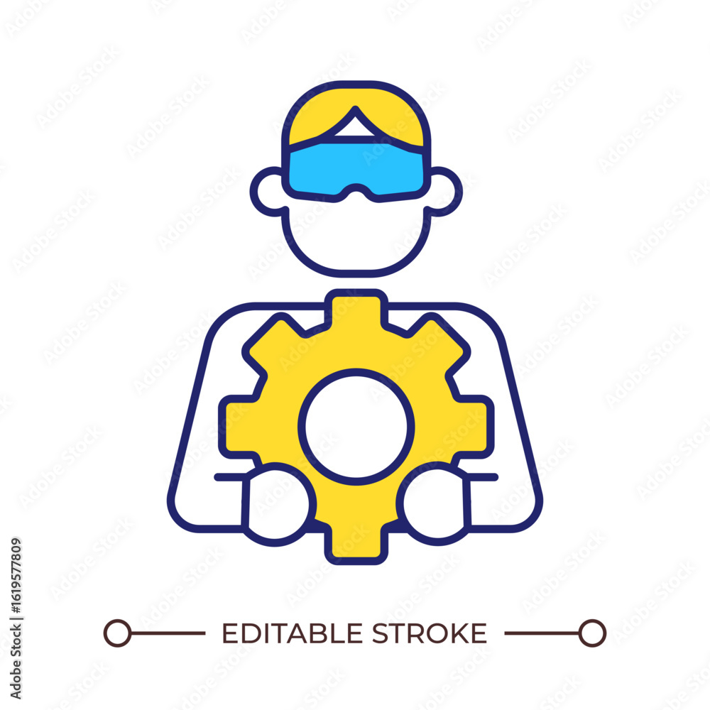 Poster engineer with ar glasses holding cogwheel line color icon. technician testing product with vr techno