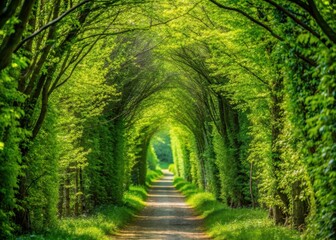 Obraz premium Dense foliage of trees swaying gently in the spring breeze creates a vibrant green tunnel effect