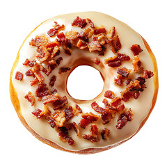 A donut topped with white glaze and crispy bacon bits, presented against a plain background.