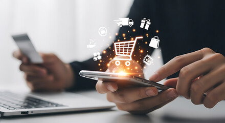 Online shopping concept with credit card and smartphone purchasing products