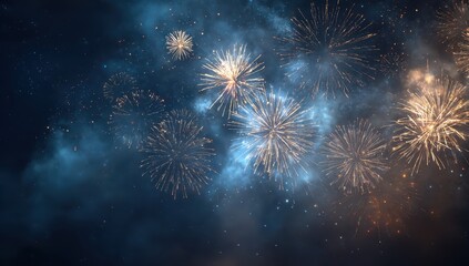 Festive golden fireworks burst in night sky over dark, bokeh background, advertising use