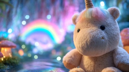 Colorful unicorn plush toy in a whimsical garden setting with a rainbow and mushrooms during twilight