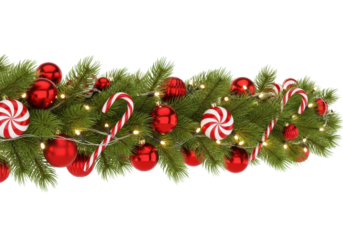 Horizontal border of fresh, vibrant green pine branches with twinkling warm white LED lights, assorted red glass baubles, & classic red/white candy canes on a seamless transparent studio background,