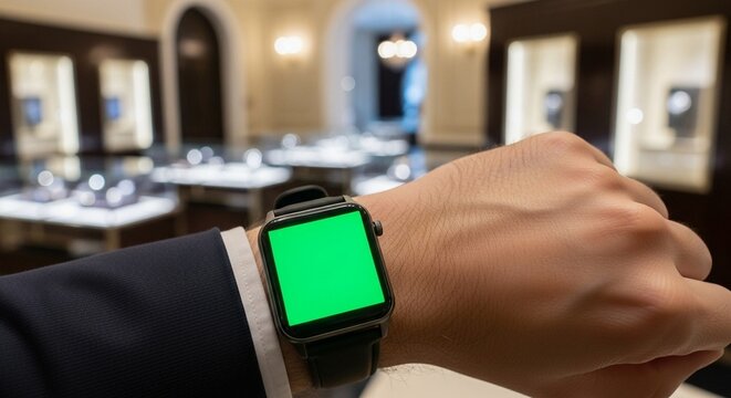 Man's wrist with a smartwatch displaying a green screen, set against a blurred background of a luxury store interior.