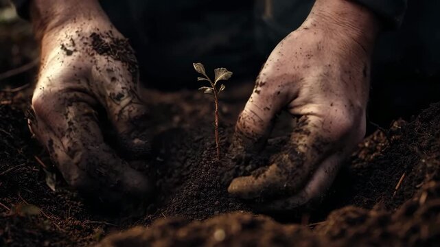 Close-Up of Dirty Hands Planting Tiny Sapling in Earthy Soil &ndash; Fixed Camera Cinematic Scene with Natural Light and Gentle Plant Movement