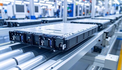 Factory assembly line showcasing large rectangular battery packs moving on rollers