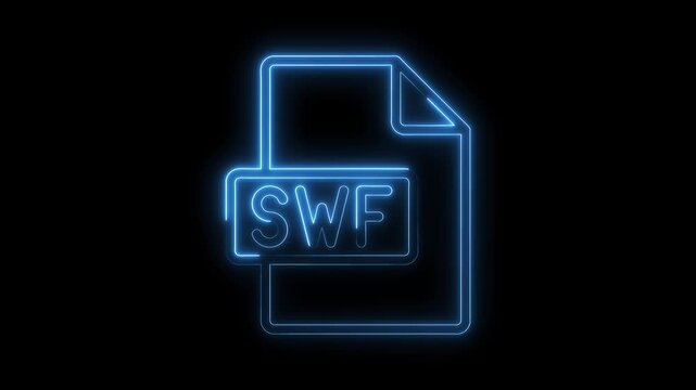 Glowing blue neon S W F file icon animation isolated on black background futuristic digital technology
