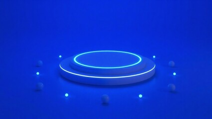 Futuristic neon lit podium on a blue background with glowing lights