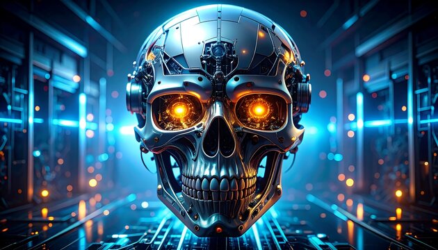 Futuristic skull robot in server room