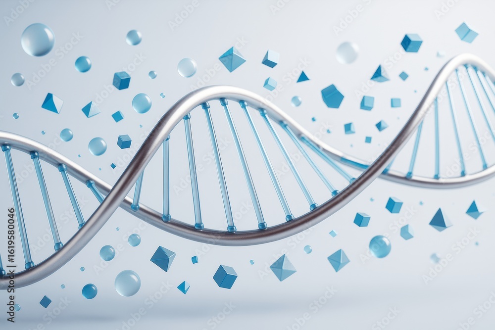 Poster dna double helix structure with floating geometric shapes on light background representing futuristi