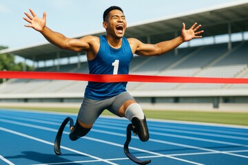 Determined para-athlete with prosthetic blades triumphantly crossing finish line on blue track in stadium, celebrating emotional sports victory. Ai generative