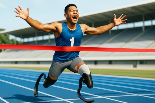 Determined para-athlete with prosthetic blades triumphantly crossing finish line on blue track in stadium, celebrating emotional sports victory. Ai generative - Powered by Adobe