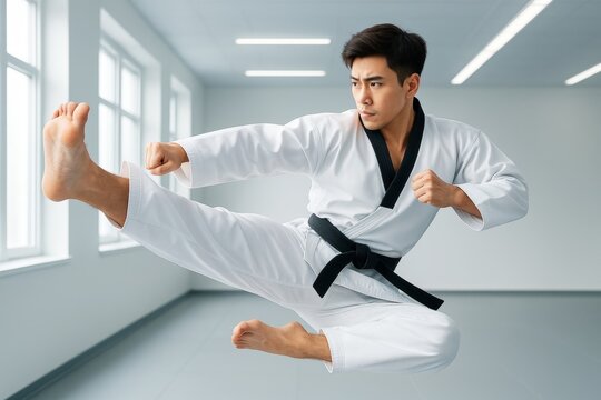 Martial artist in white uniform performing high kick in mid-air with intense focus in bright training room with minimal background. Ai generative