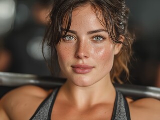 Barbell sentinel with freckle-river focus, grey armor channeling primal power in steel sanctuary