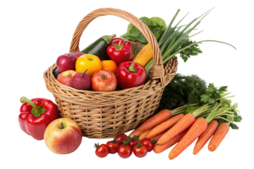 Wicker basket overflowing with fresh fruits and vegetables isolated on transparent background