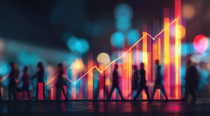 Silhouetted figures walk past a rising graph overlaid on a city nightscape