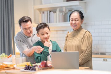Grandparenting, expression, admiration, interaction, support — child smiles while explaining...