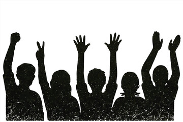 Grunge Silhouette of Diverse People Raising Hands, Crowd Illustration with Raised Arms for Unity, Protest, Celebration, Community Events, Education, Voting, and Activism Concepts