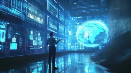 Futuristic digital technology hologram globe data analytics interface with advanced screens displaying innovative business analysis and control - Powered by Adobe