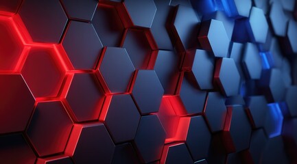 Abstract 3D render of dark hexagons with red and blue glowing edges