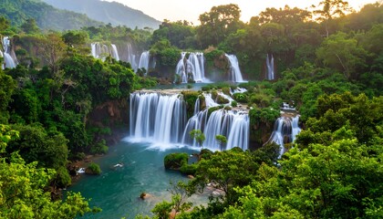 Obraz premium Lush waterfalls cascading through a verdant valley