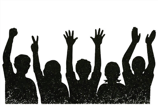 Grunge Silhouette of Diverse People Raising Hands, Crowd Illustration with Raised Arms for Unity, Protest, Celebration, Community Events, Education, Voting, and Activism Concepts