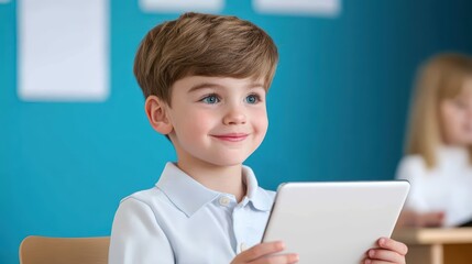 Happy Child Engaged with Tablet in Classroom Setting