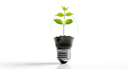 Green plant growing inside of a lightbulb on a white background