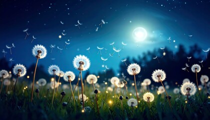Dandelions glowing under a full moon at night