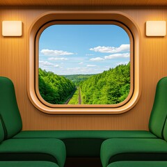 Scenic Train Window View of Green Forest and Blue Sky