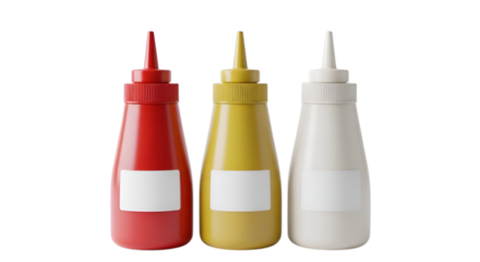 Three sauce bottles isolated on transparent background, 3d rendering
