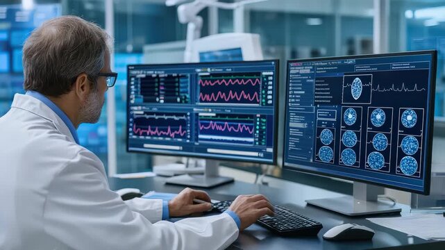 Medical professional analyzing brain scan and heart rate data on dual monitors to monitor vital signs in advanced medical lab environment