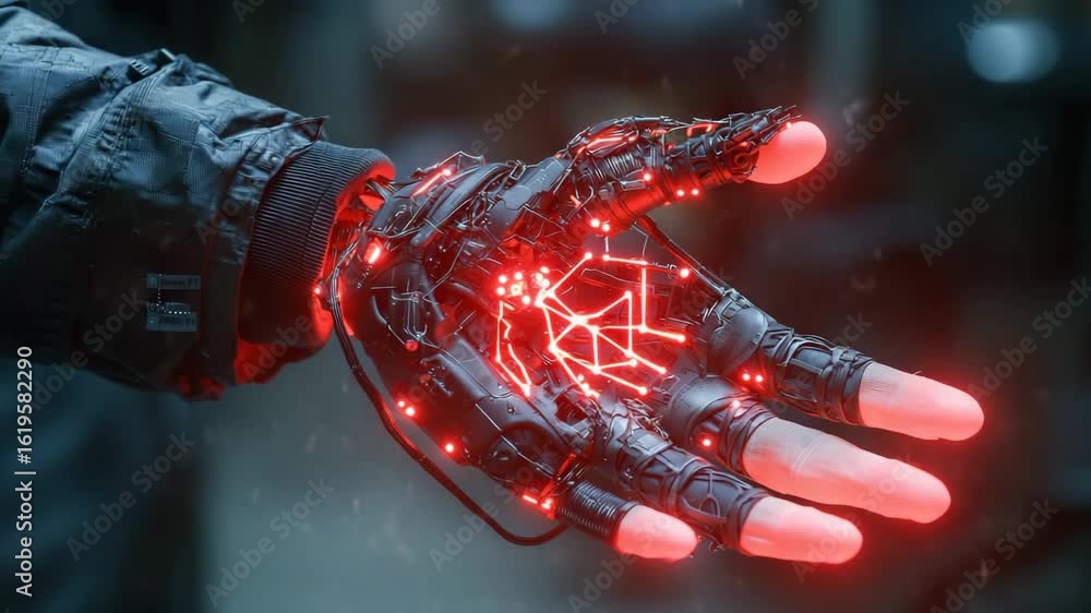 Aufkleber futuristic robotic hand with glowing red lights and circuit lines showcasing advanced cybernetic tec