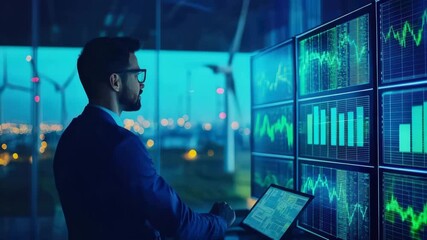 Man analyzing data multiple digital screens with graphs and charts for business technology and data analysis modern office environment with wind - Powered by Adobe