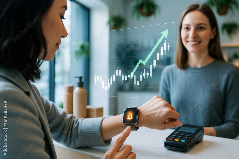 Poster woman using smartwatch for cryptocurrency payment at point-of-sale with holographic graph showing fi