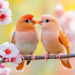 Pair of Colorful Birds Sitting on Blossom Branch