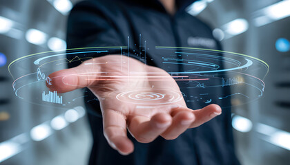 Businessman using holographic interface with data and code in a server room