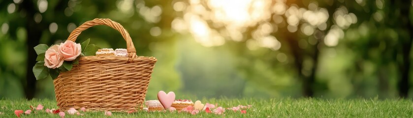 Charming Picnic Basket with Sweets and Flowers in Nature