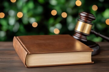 Brown Leather Book and Gavel on Wooden Table Background