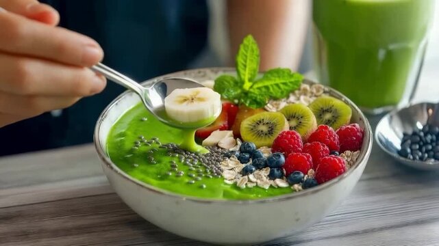 Green smoothie bowl topped with banana kiwi raspberry blueberry chia seed oats and mint leaf garnish vibrant healthy breakfast full nutrition color