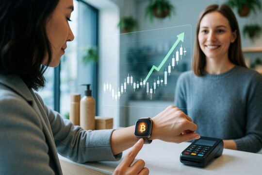 Woman using smartwatch for cryptocurrency payment at point-of-sale with holographic graph showing financial growth in modern tech environment. Ai generative