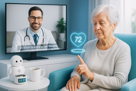 Elderly woman using futuristic health monitoring technology at home during telemedicine session with doctor on screen in modern digital environment. Ai generative