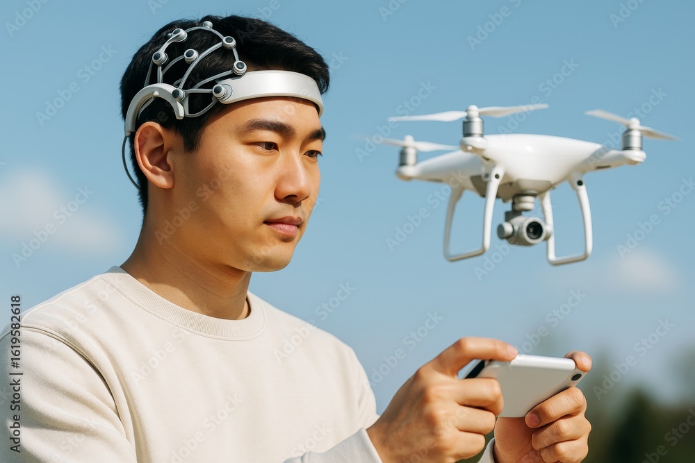 Poster man wearing futuristic neuro headset controlling flying drone with smartphone on clear sky backgroun
